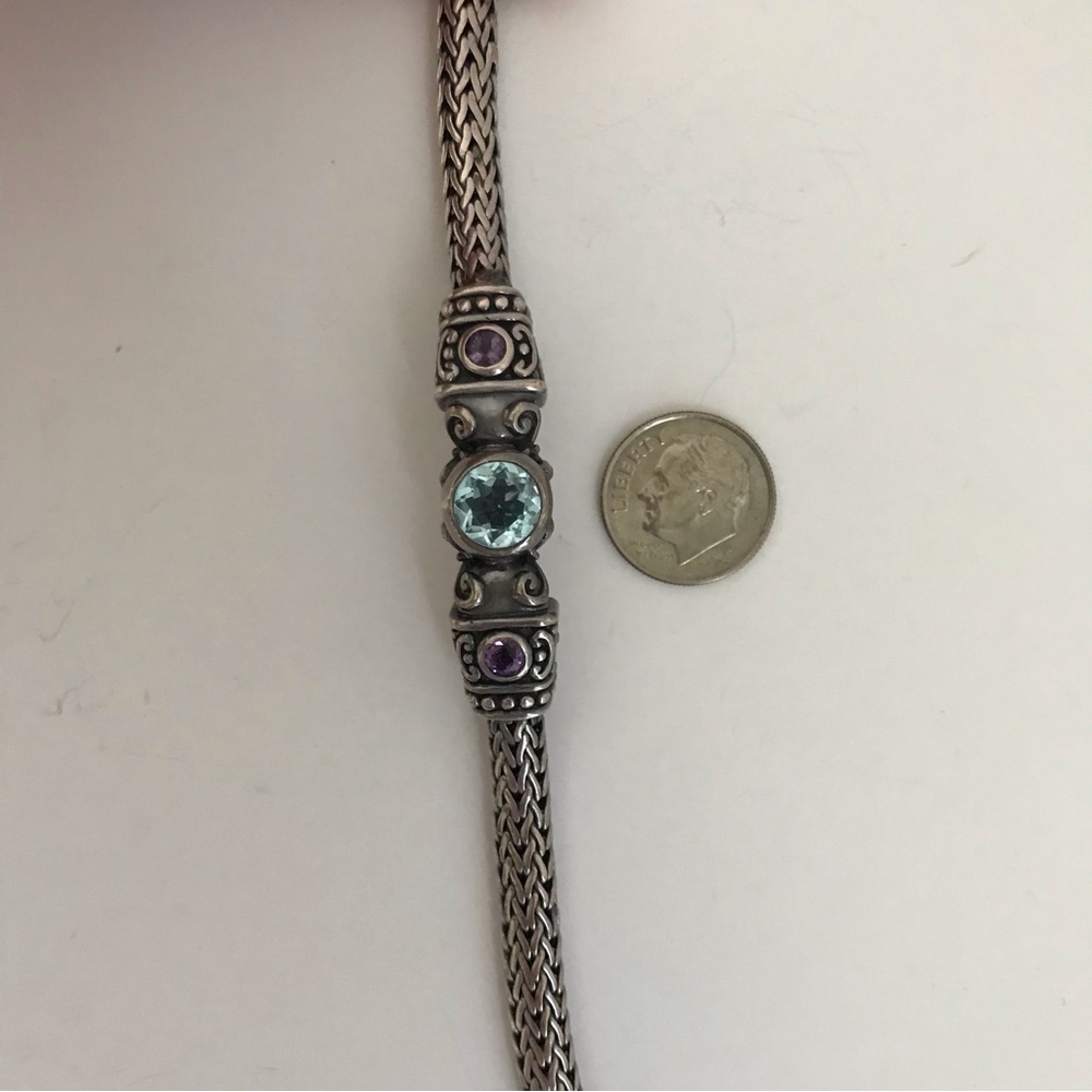Vintage KC Indo Sterling Silver Blue Topaz Amethyst Spiga Wheat Bracelet 8" 35 g - Picture 14 of 16